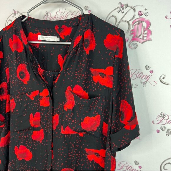 Contemporaine par Simon’s dress poppy poppies Stylish Red and Black Women's Top - Picture 4 of 12